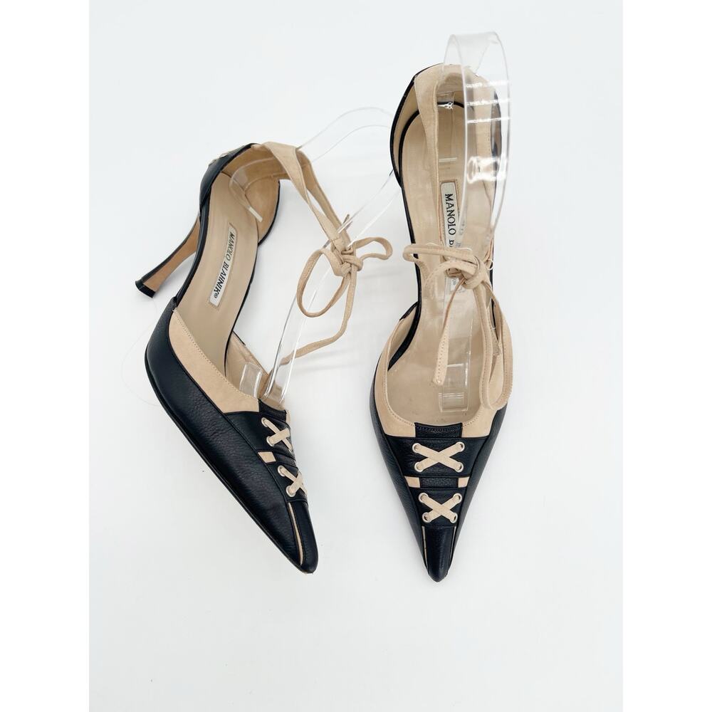 Manolo Blahnik Vintage Black Nude Ankle Tie Pointed Toe D'Orsay Heels IT 39.5